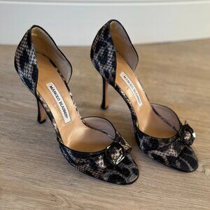 MANOLO BLAHNIK Satin Boa Leopard D'Orsay Pumps - EU 38.5